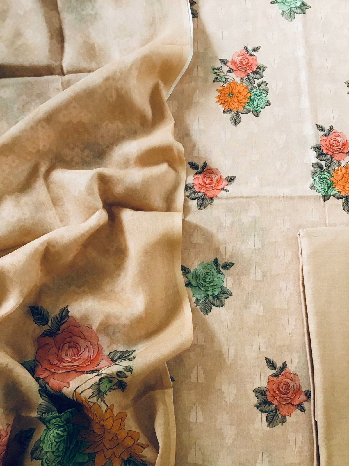 Pure Cotton Printed Self Weaved Suit - Beige