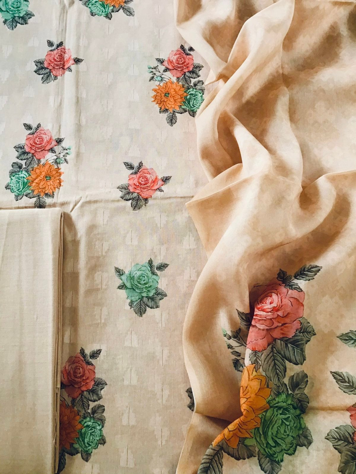 Pure Cotton Printed Self Weaved Suit - Beige