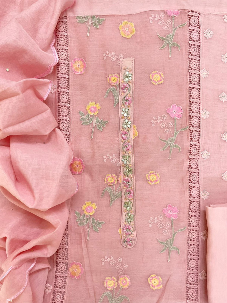 Image of Pure Mul Chanderi Embroidered Suit - Pink