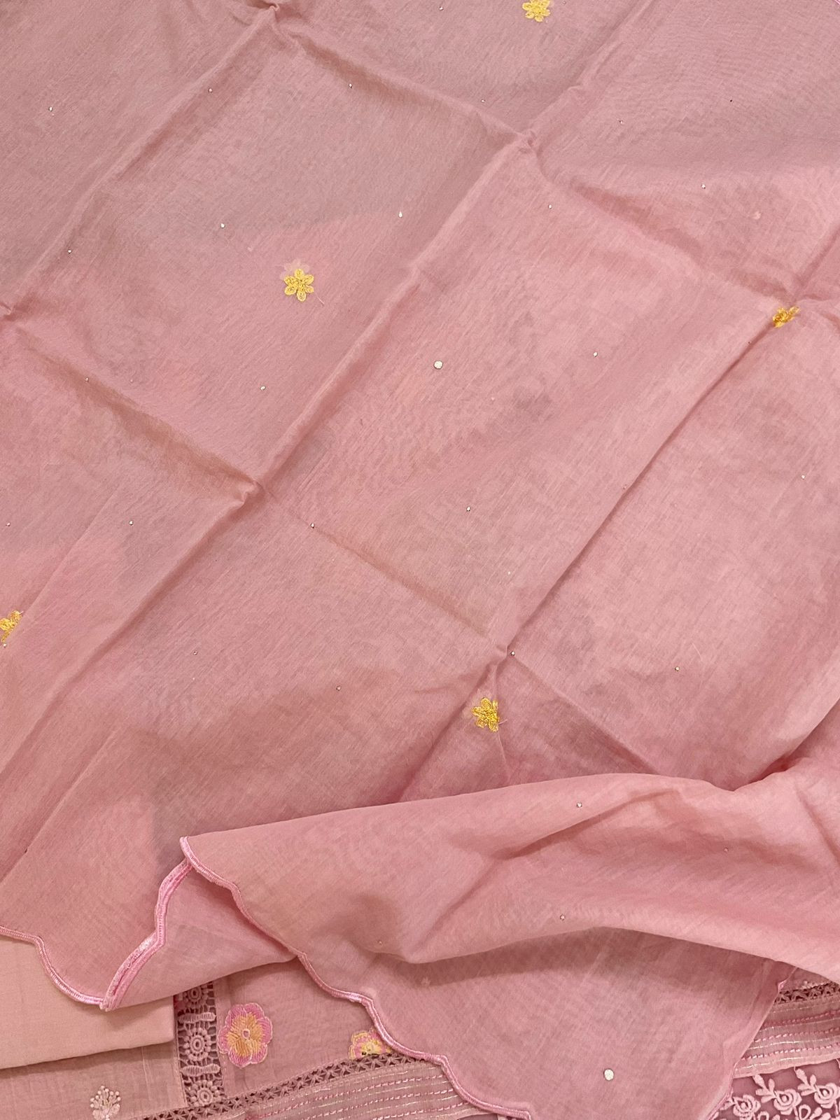 Pure Mul Chanderi Embroidered Suit - Pink