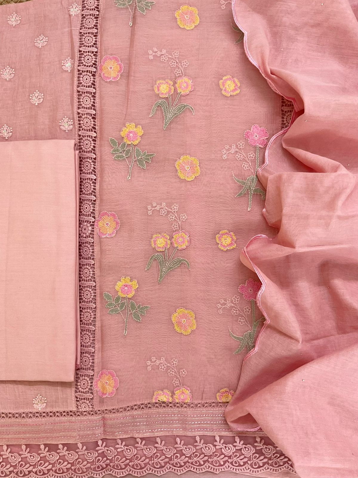 Pure Mul Chanderi Embroidered Suit - Pink