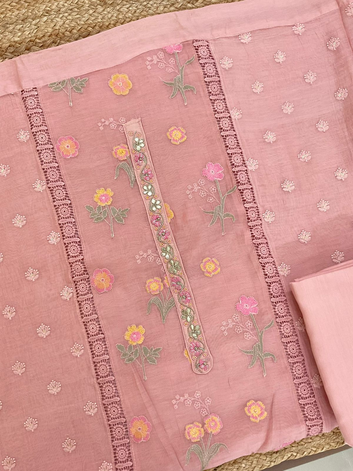 Pure Mul Chanderi Embroidered Suit - Pink