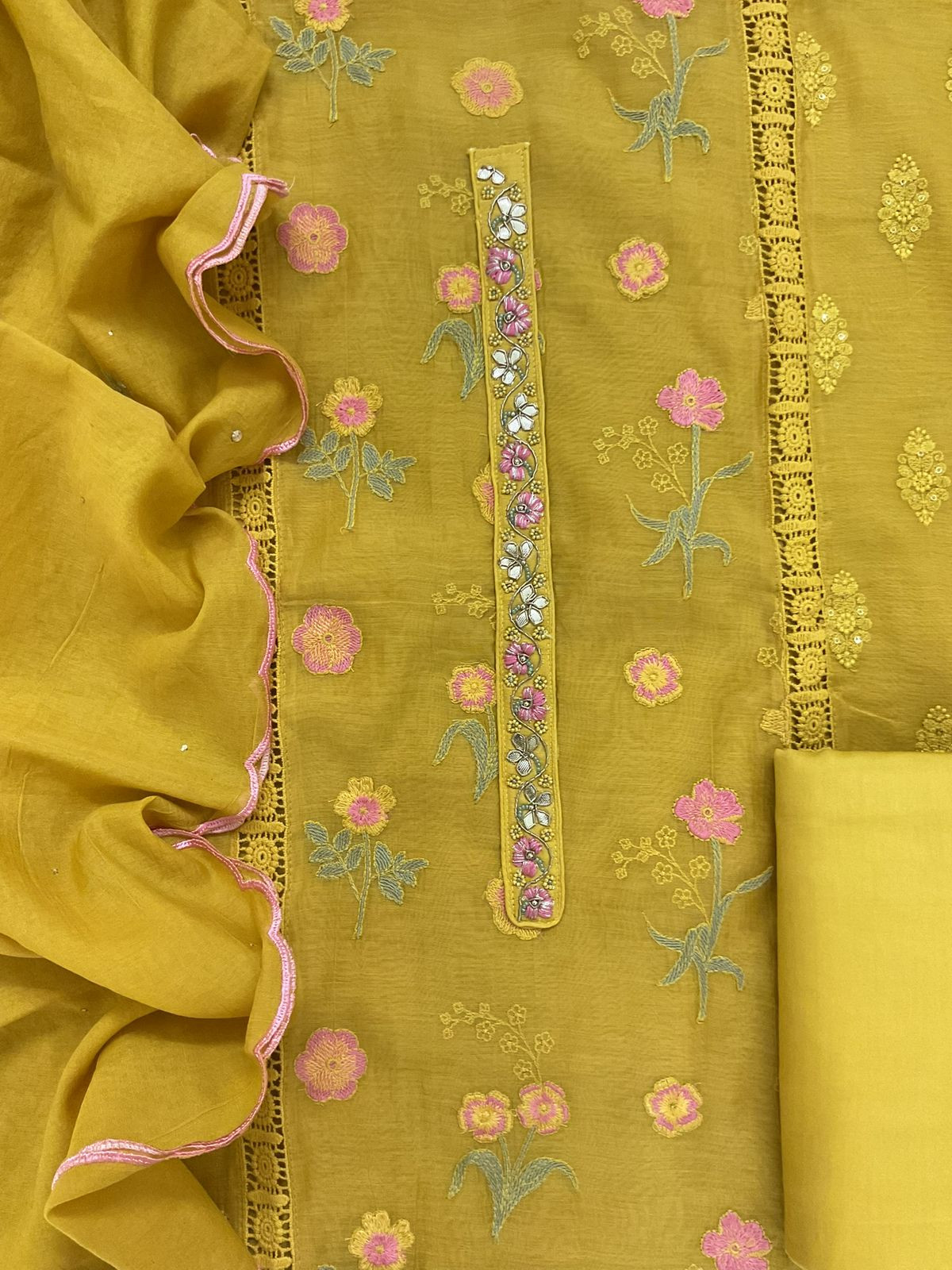 Pure Mul Chanderi Embroidered Suit - Yellow