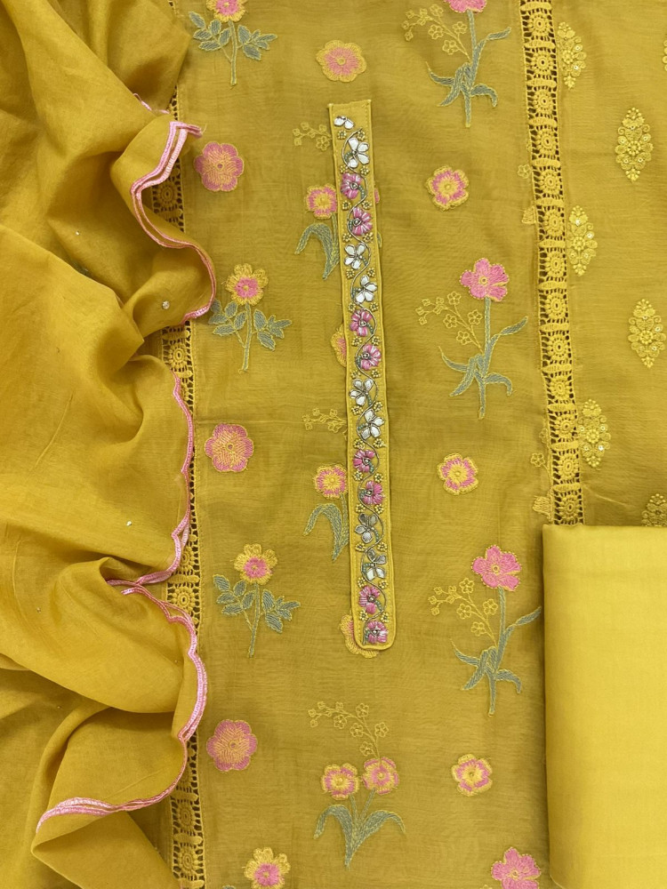 Image of Pure Mul Chanderi Embroidered Suit - Yellow