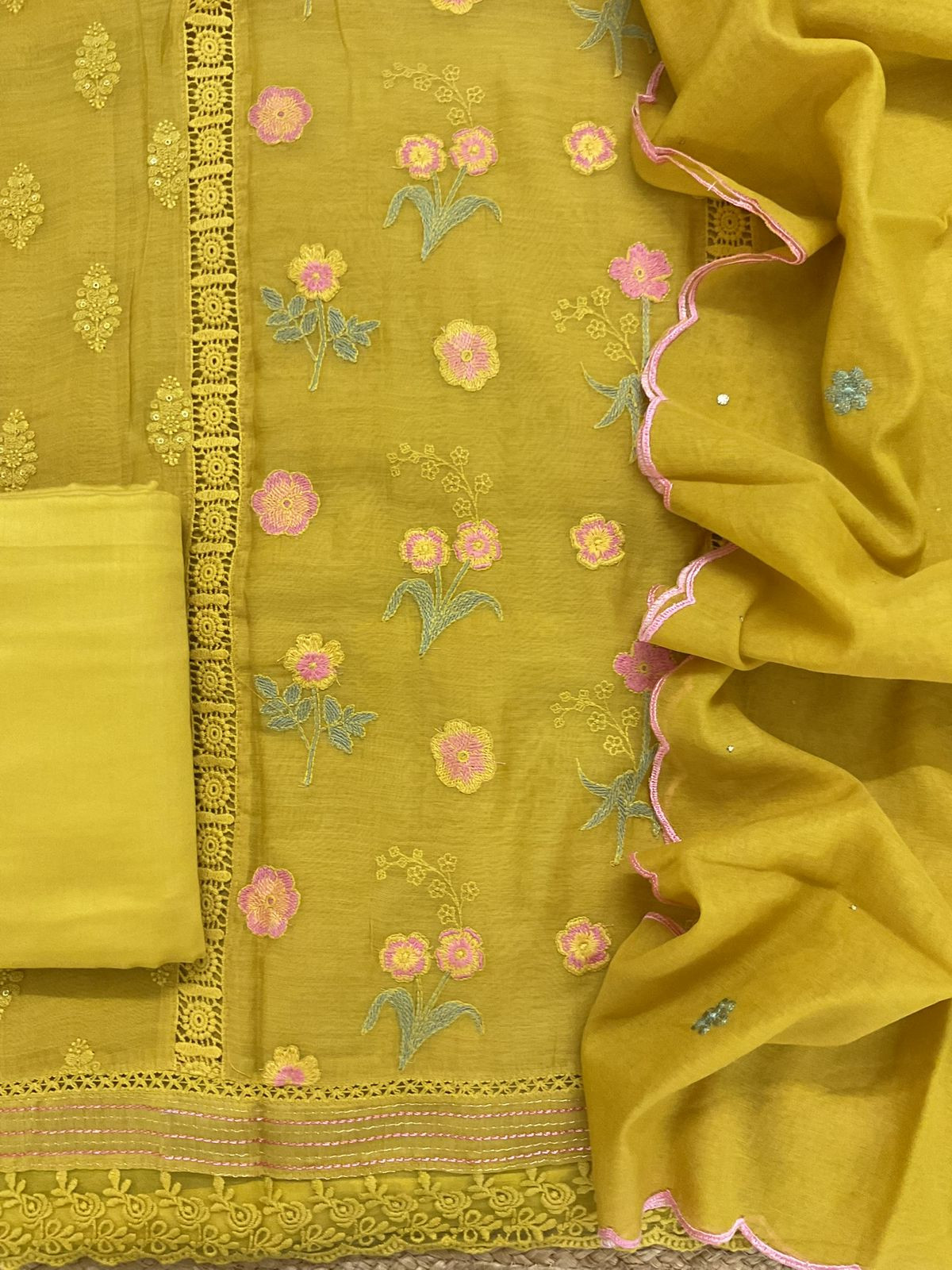Pure Mul Chanderi Embroidered Suit - Yellow