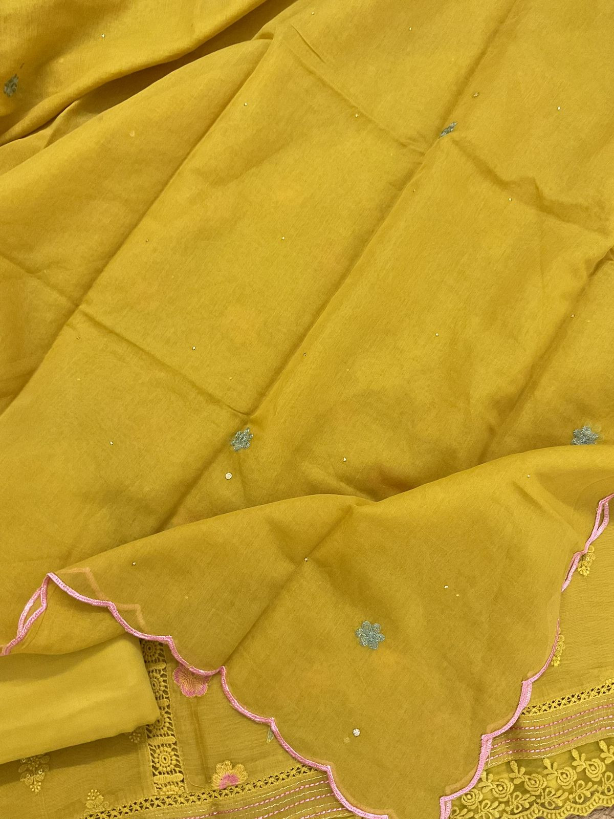 Pure Mul Chanderi Embroidered Suit - Yellow
