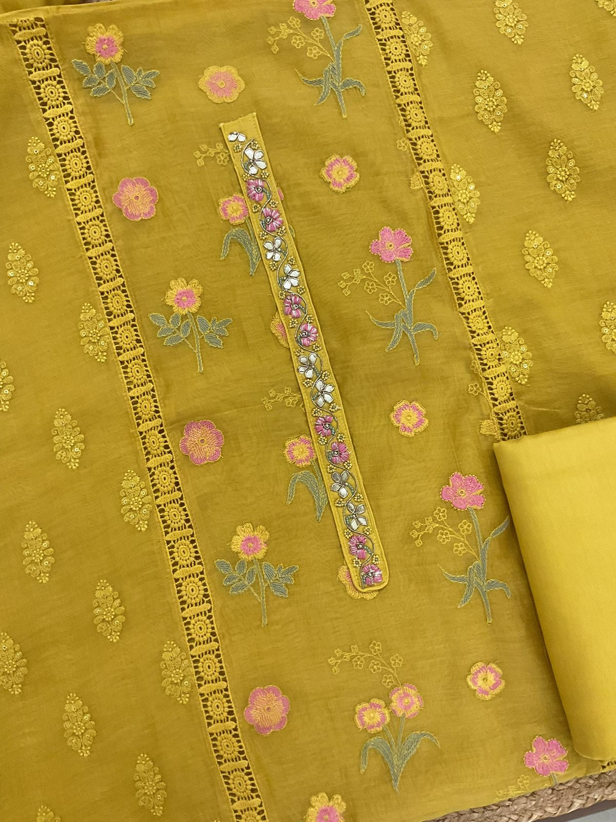 Pure Mul Chanderi Embroidered Suit - Yellow
