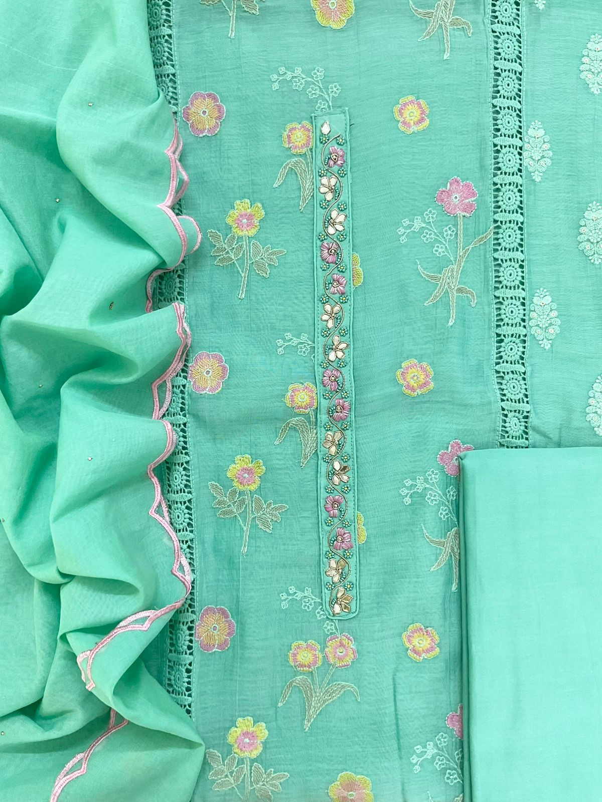 Pure Mul Chanderi Embroidered Suit - Green