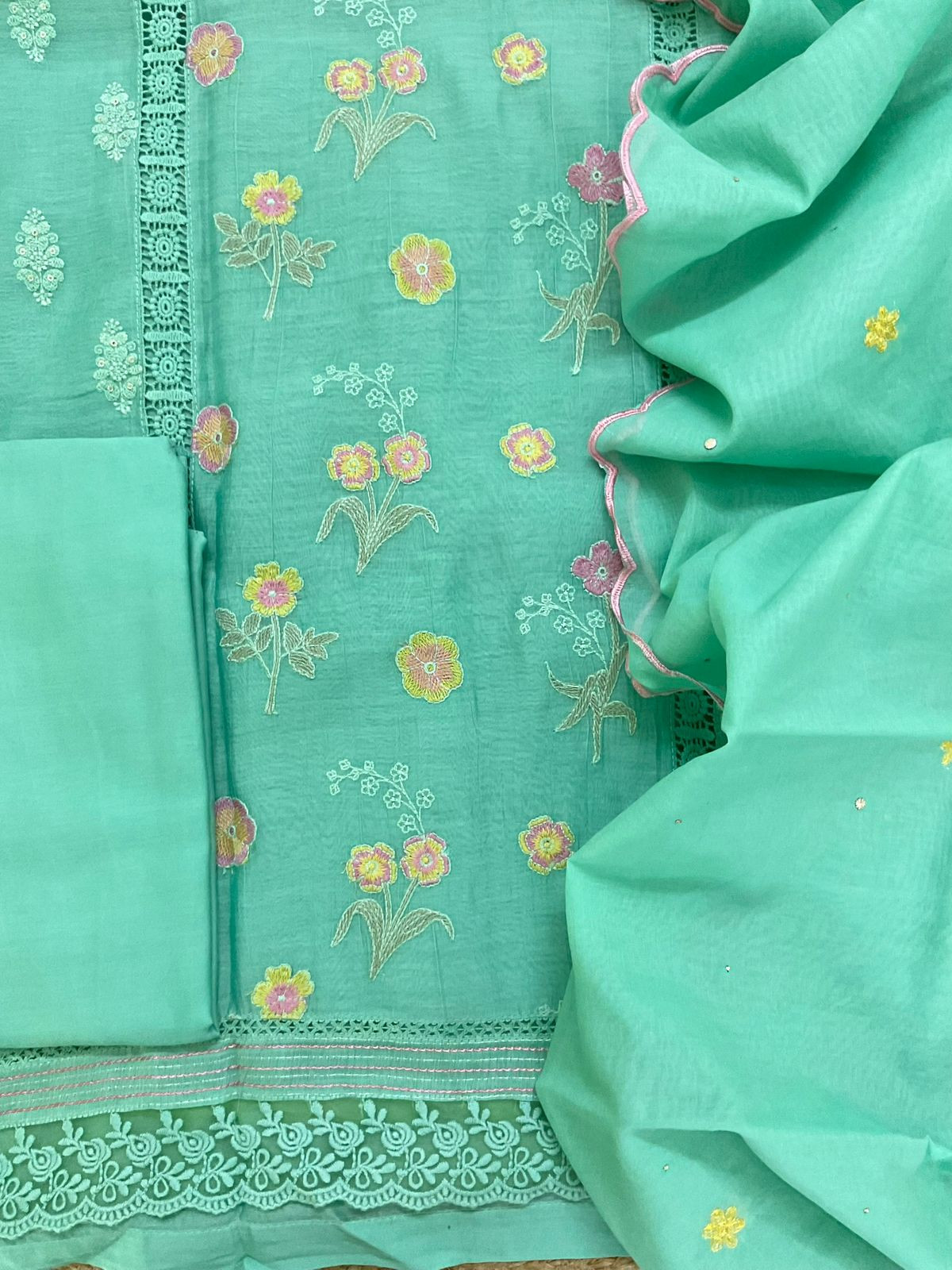 Pure Mul Chanderi Embroidered Suit - Green