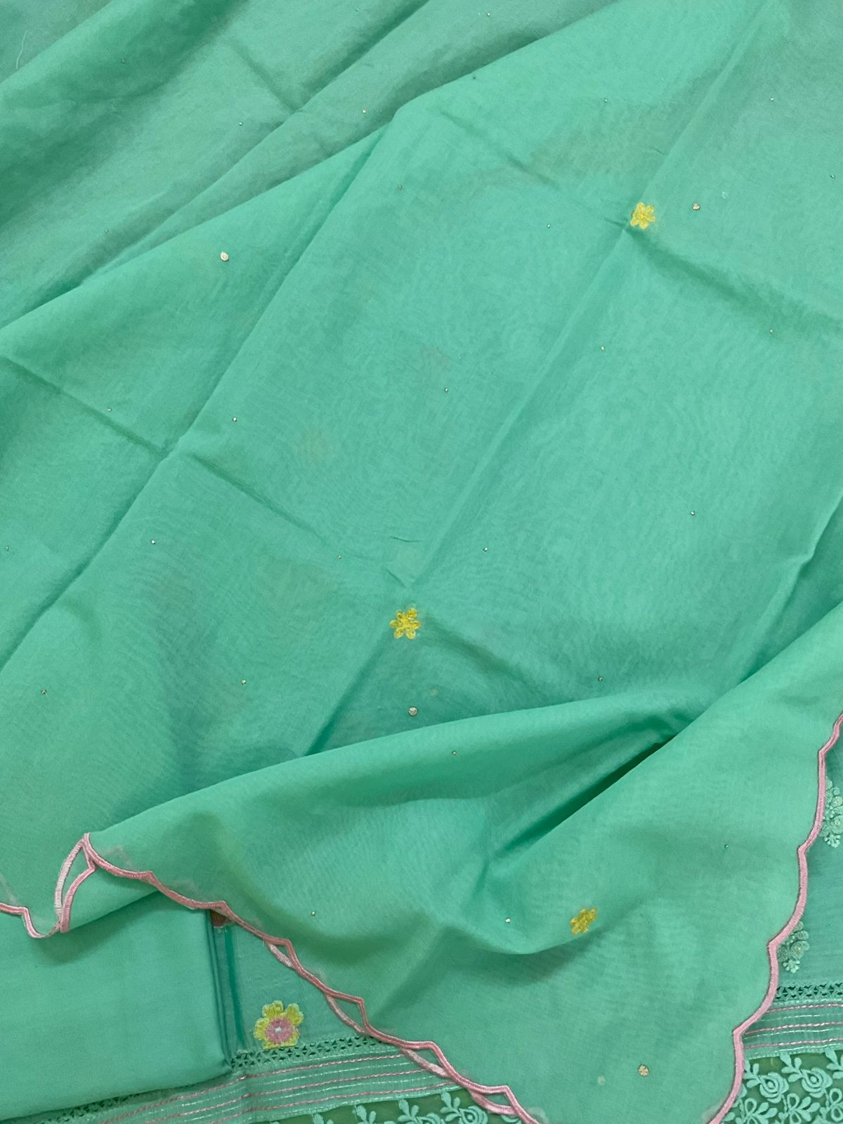 Pure Mul Chanderi Embroidered Suit - Green