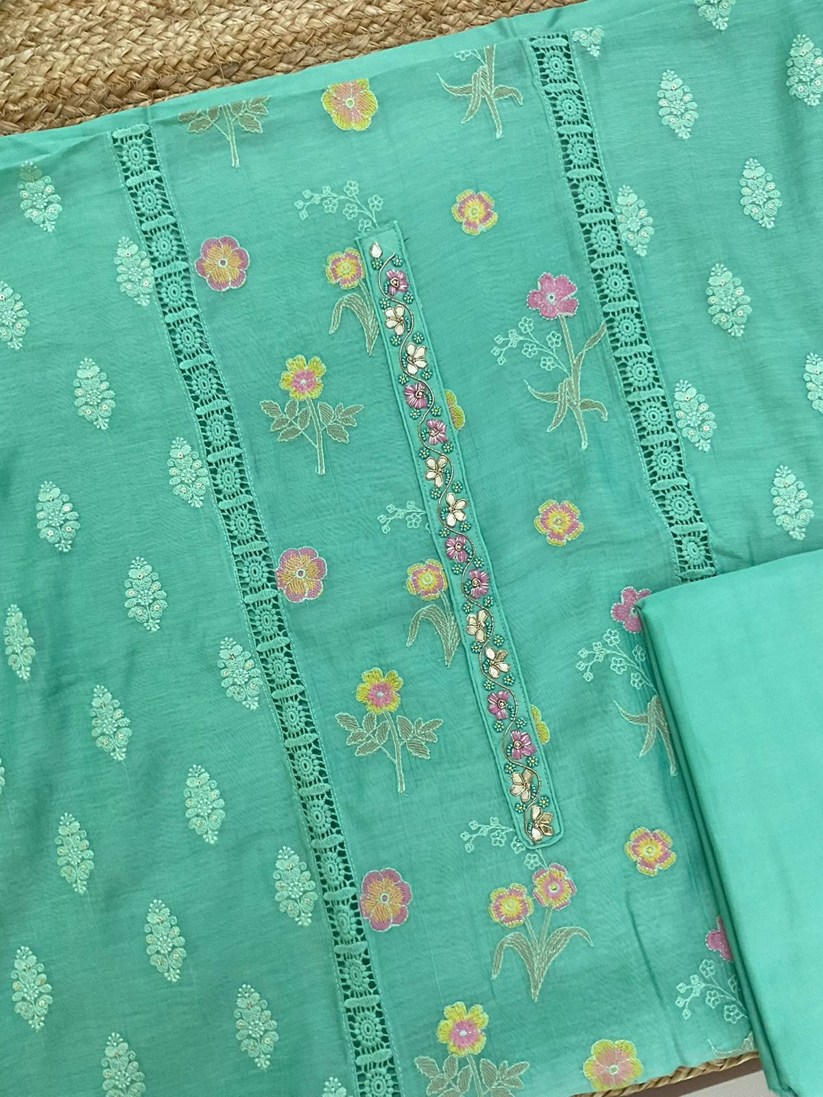 Pure Mul Chanderi Embroidered Suit - Green