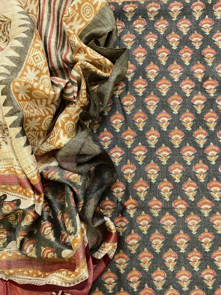 Image of Soft Pashmina Khadi Silk Printed Suit - Black