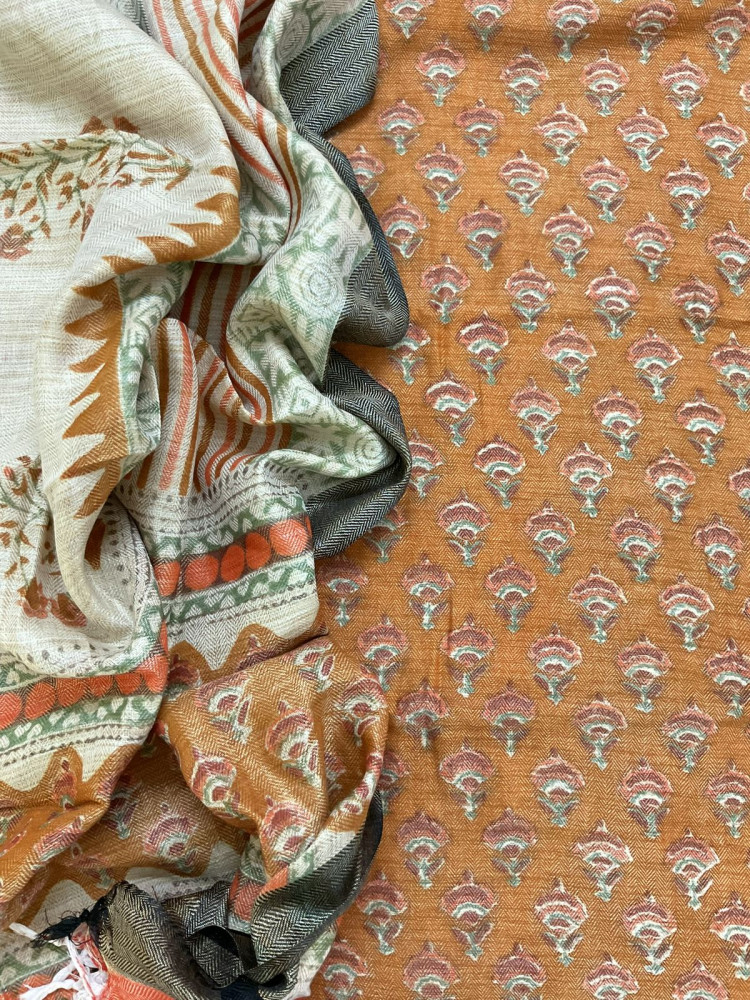Image of Soft Pashmina Khadi Silk Printed Suit - Orange