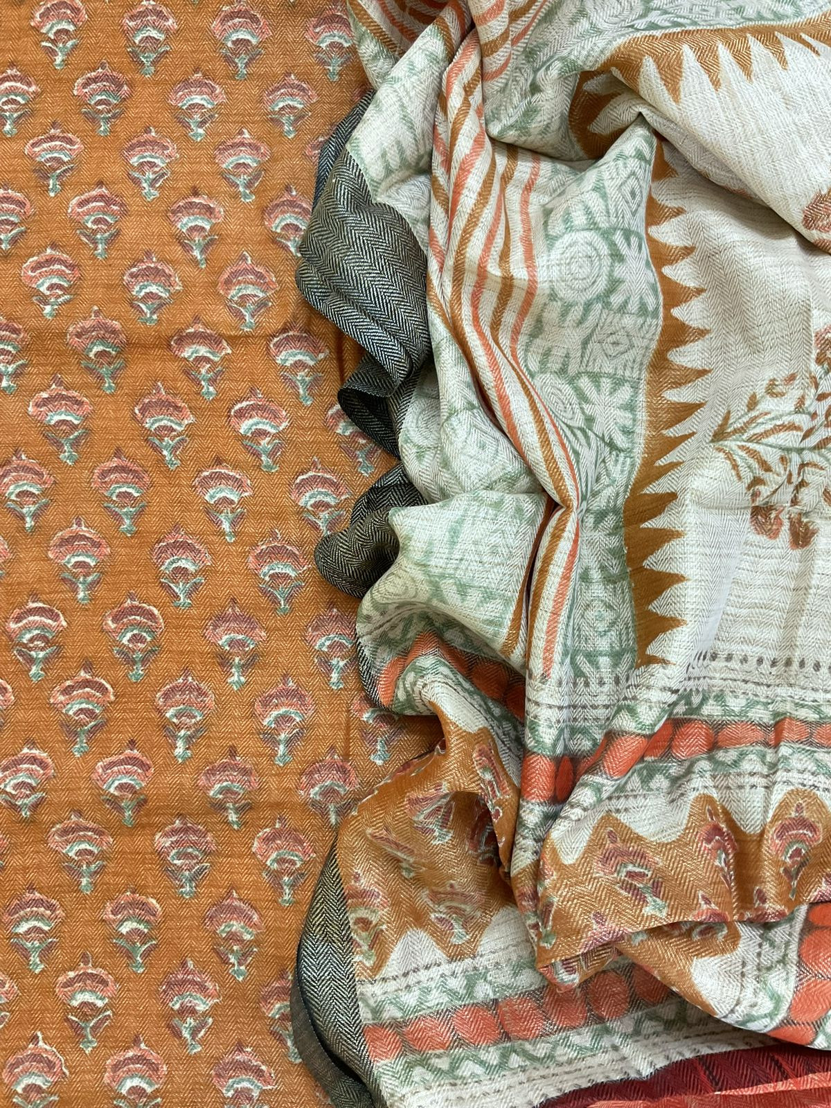 Soft Pashmina Khadi Silk Printed Suit - Orange