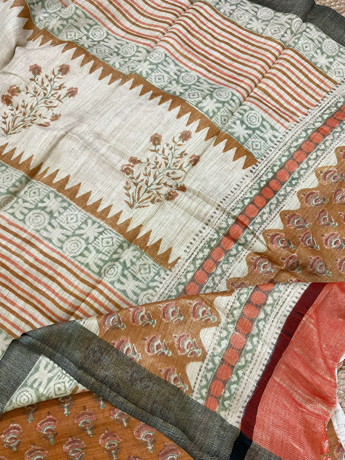 Soft Pashmina Khadi Silk Printed Suit - Orange