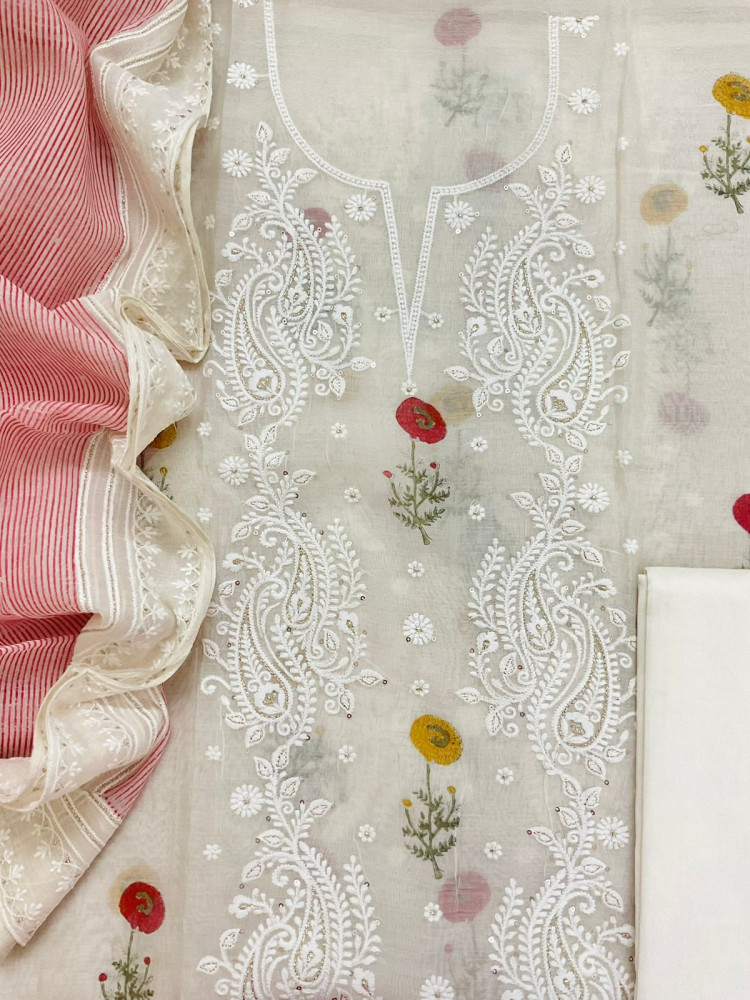 Image of Pure Mul Chanderi Printed Embroidered Suit - Cream