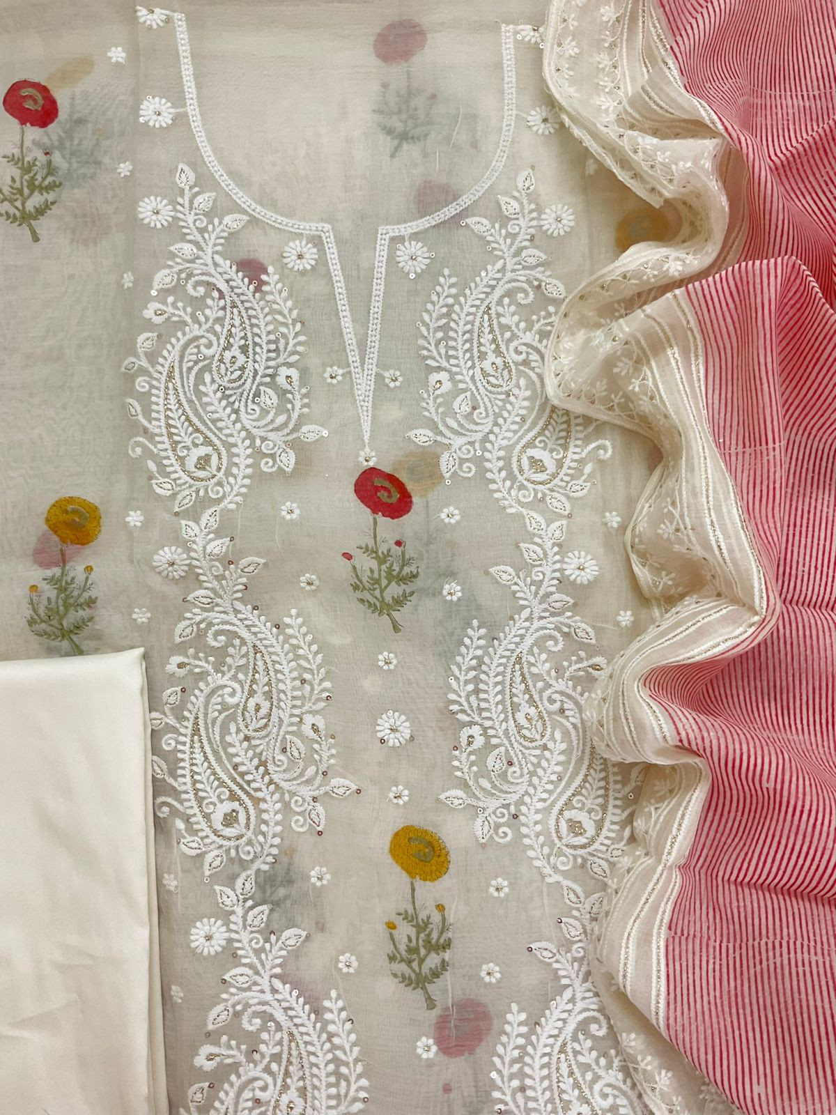 Pure Mul Chanderi Printed Embroidered Suit - Cream