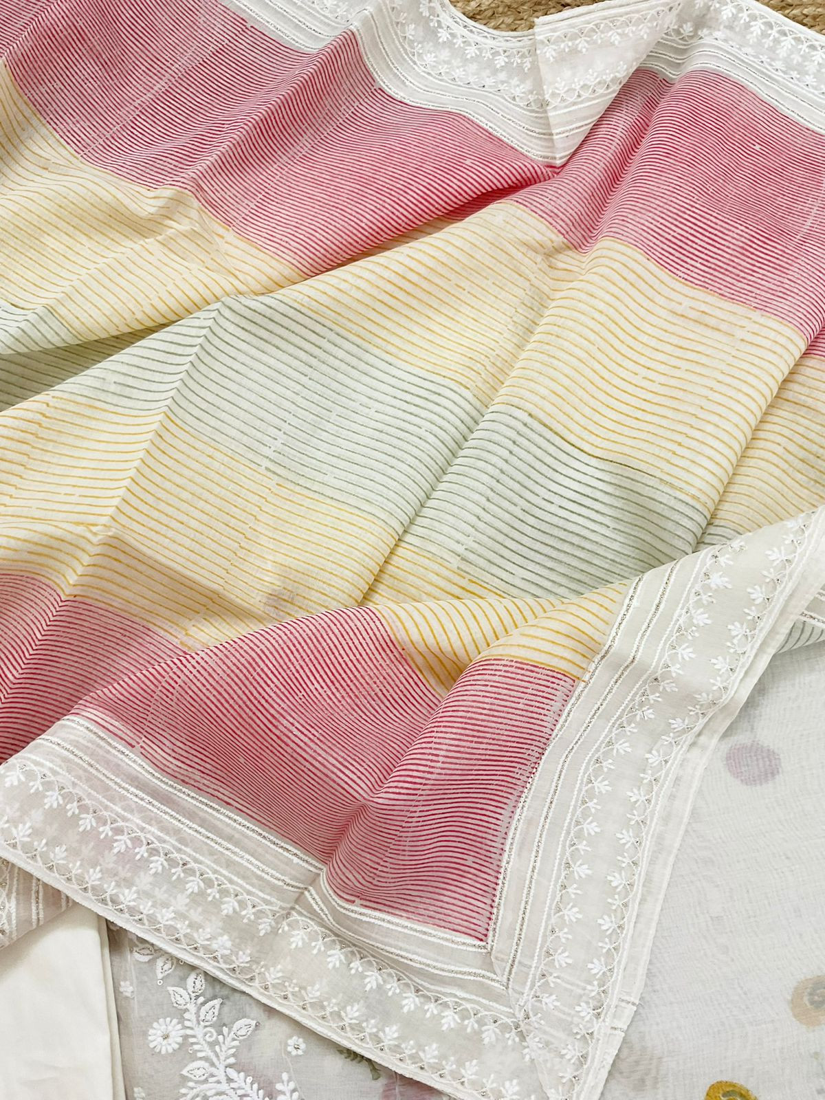 Pure Mul Chanderi Printed Embroidered Suit - Cream