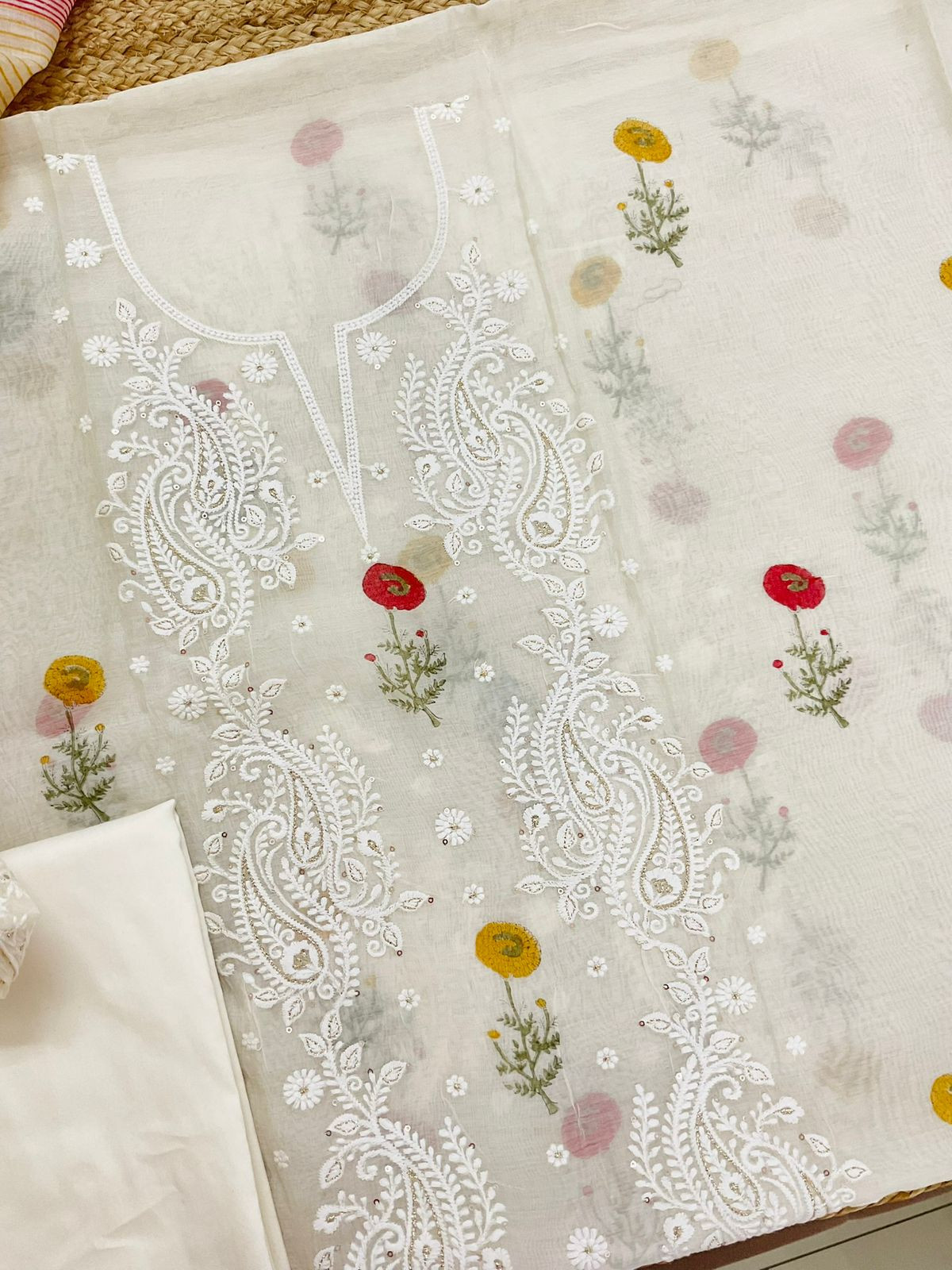 Pure Mul Chanderi Printed Embroidered Suit - Cream