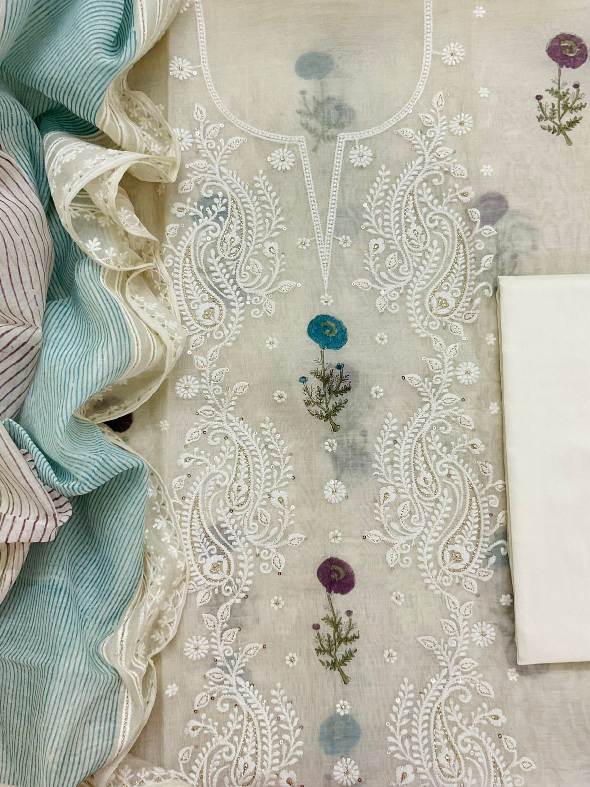 Pure Mul Chanderi Printed Embroidered Suit - Cream