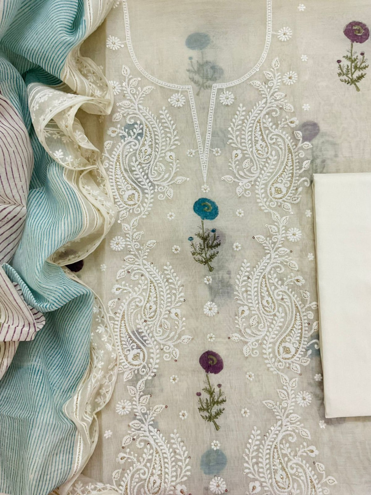 Image of Pure Mul Chanderi Printed Embroidered Suit - Cream