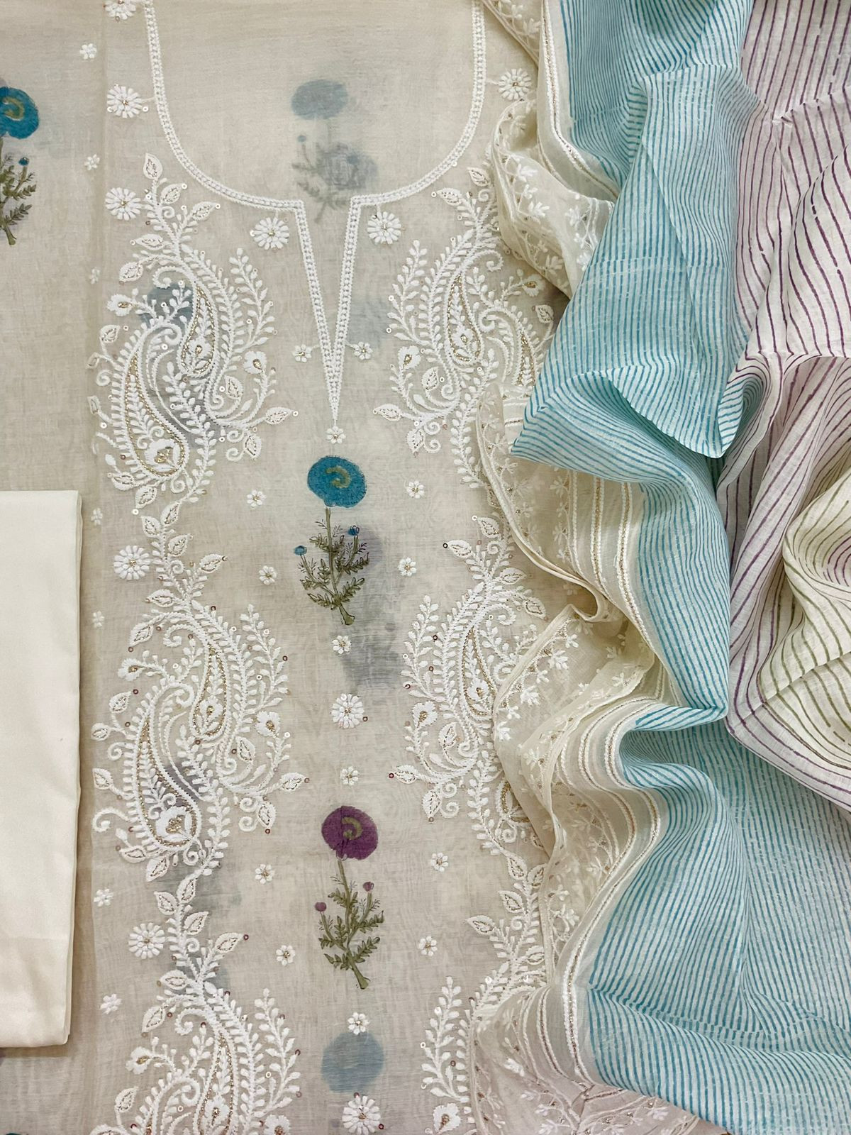 Pure Mul Chanderi Printed Embroidered Suit - Cream