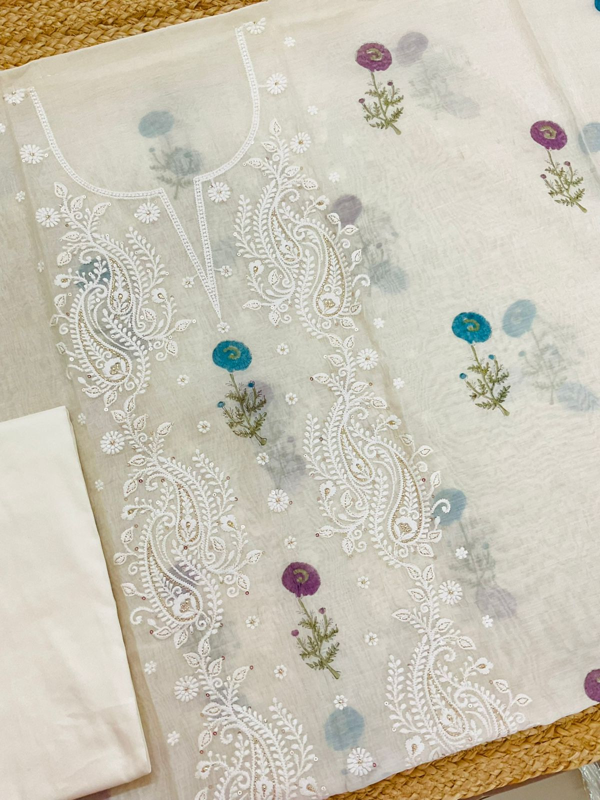 Pure Mul Chanderi Printed Embroidered Suit - Cream