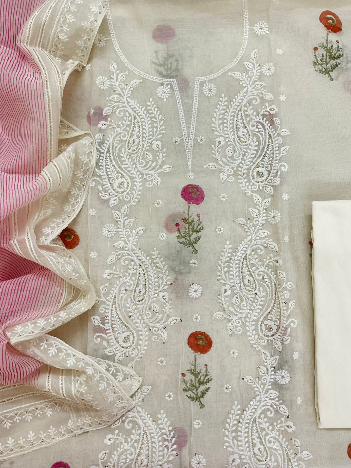 Pure Mul Chanderi Printed Embroidered Suit - Cream