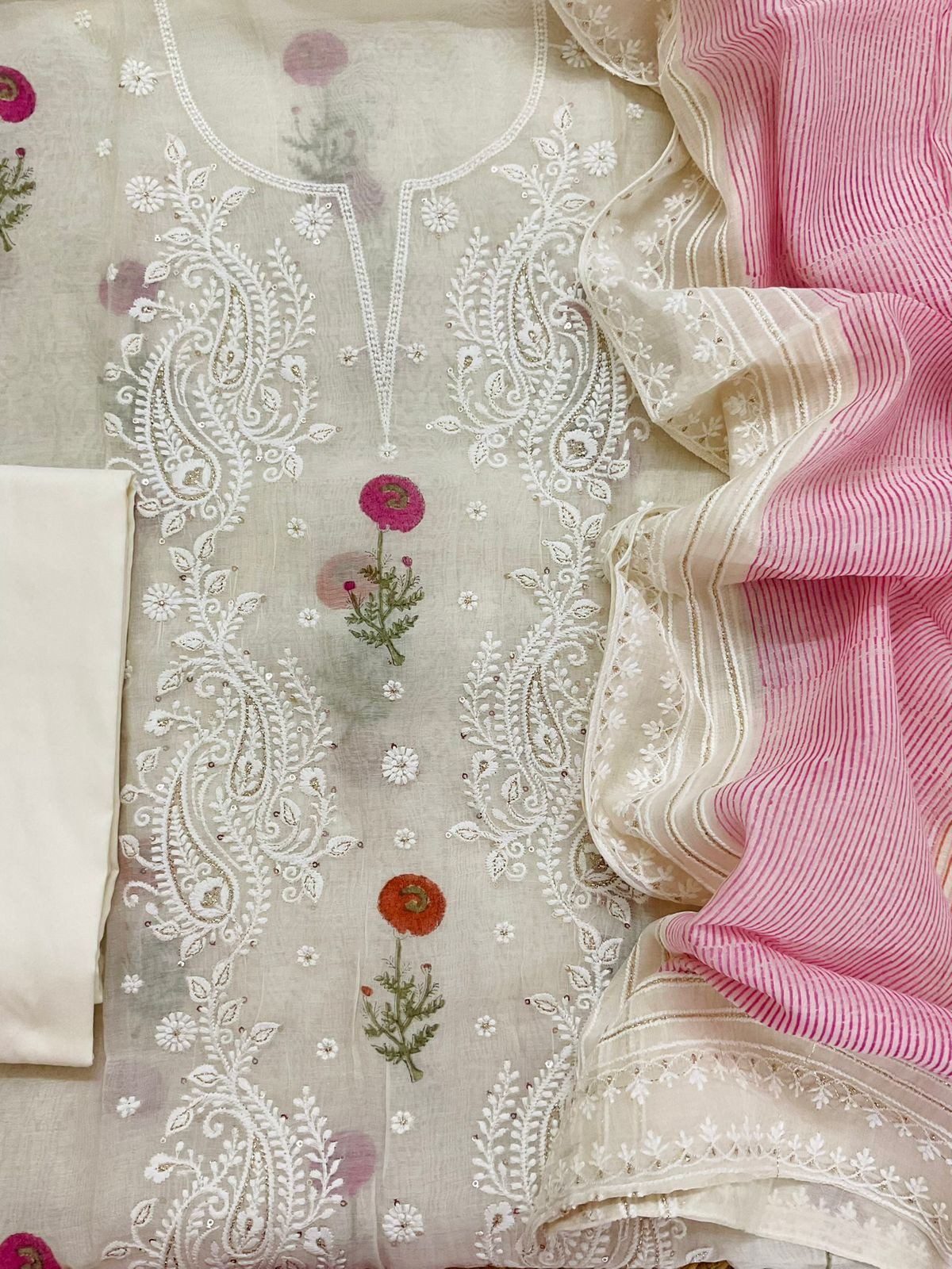 Pure Mul Chanderi Printed Embroidered Suit - Cream