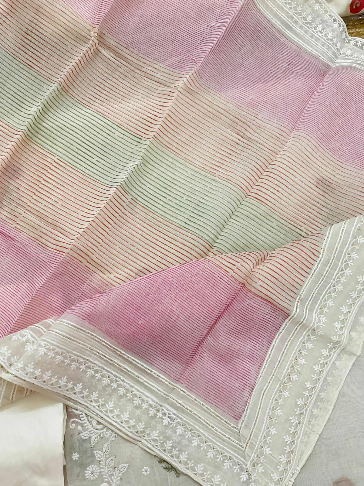 Pure Mul Chanderi Printed Embroidered Suit - Cream