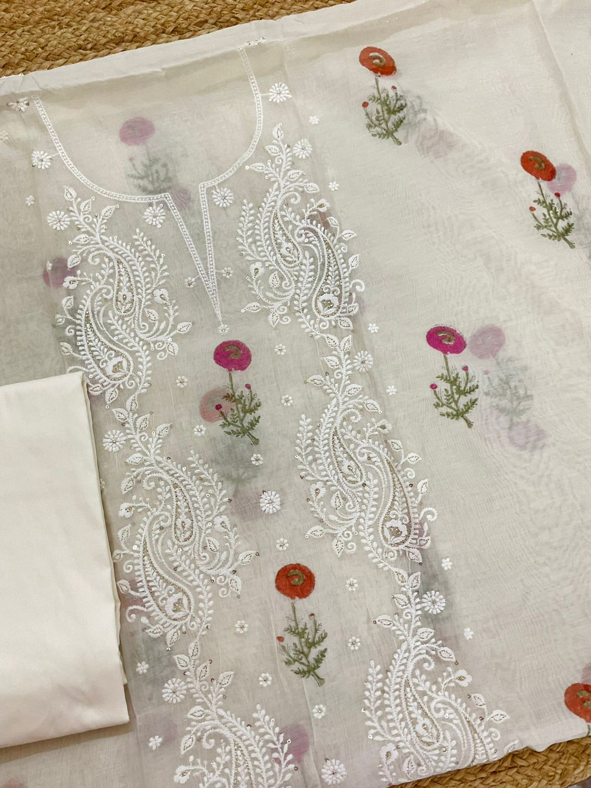 Pure Mul Chanderi Printed Embroidered Suit - Cream