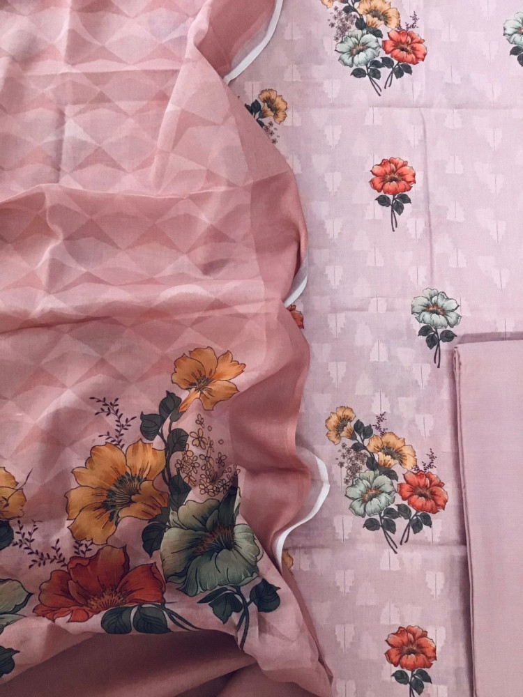 Image of Pure Cotton Printed Self Weaved Suit - Pink