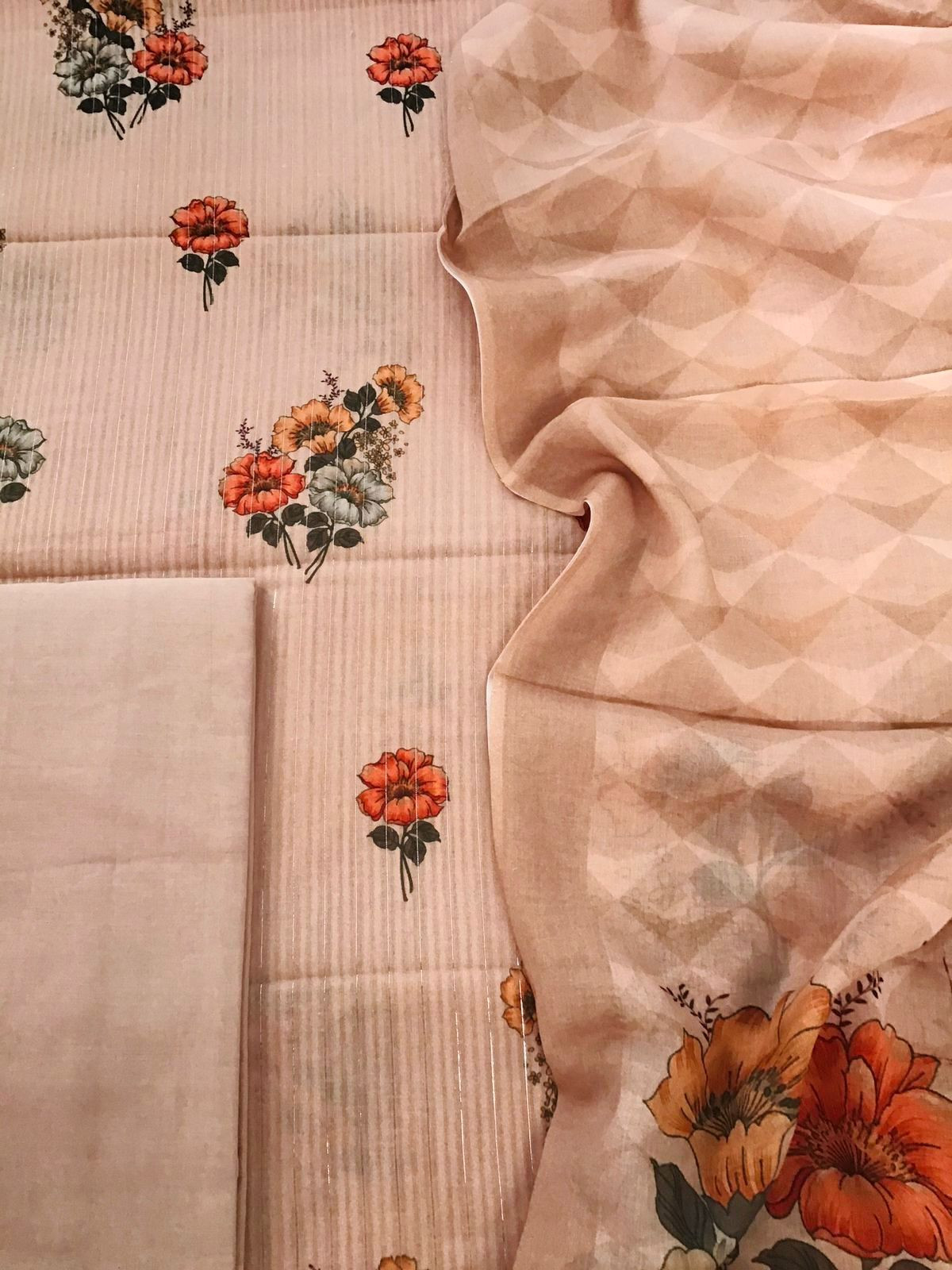 Pure Cotton Printed Self Weaved Suit - Peach