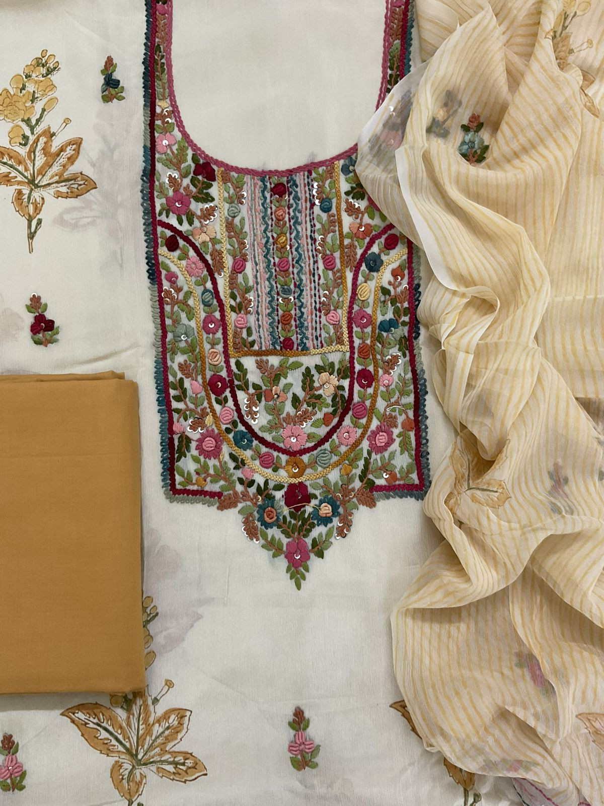 Pure Chinnon Silk Block Printed Embroidered Suit - Cream