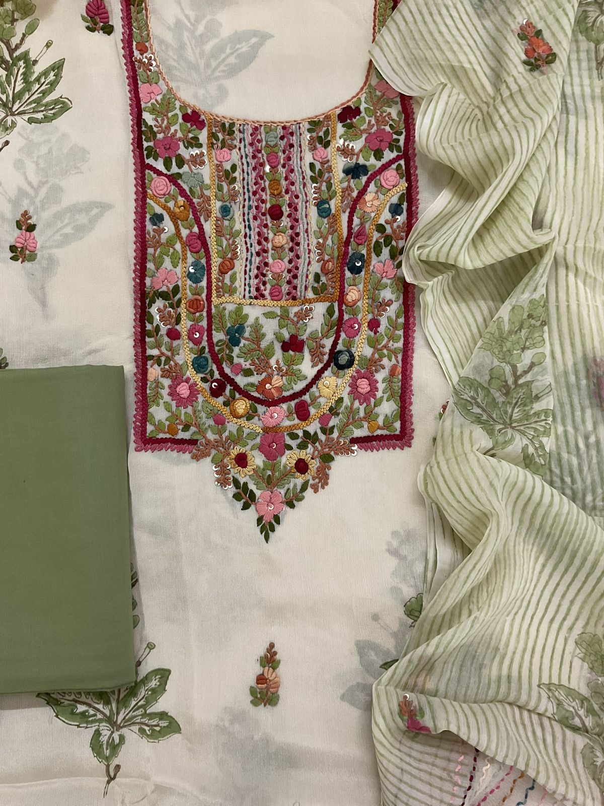 Pure Chinnon Silk Block Printed Embroidered Suit - Cream