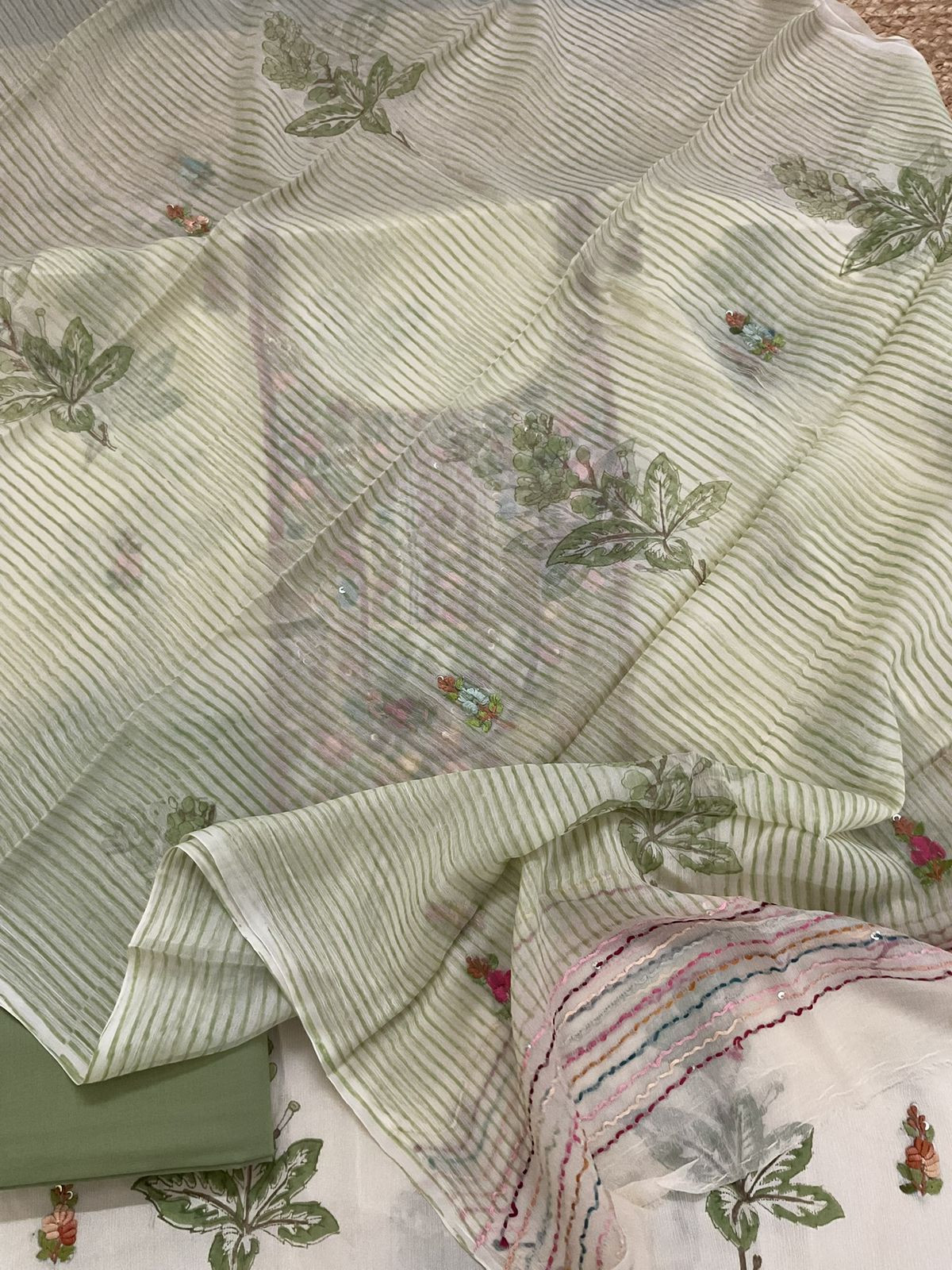 Pure Chinnon Silk Block Printed Embroidered Suit - Cream