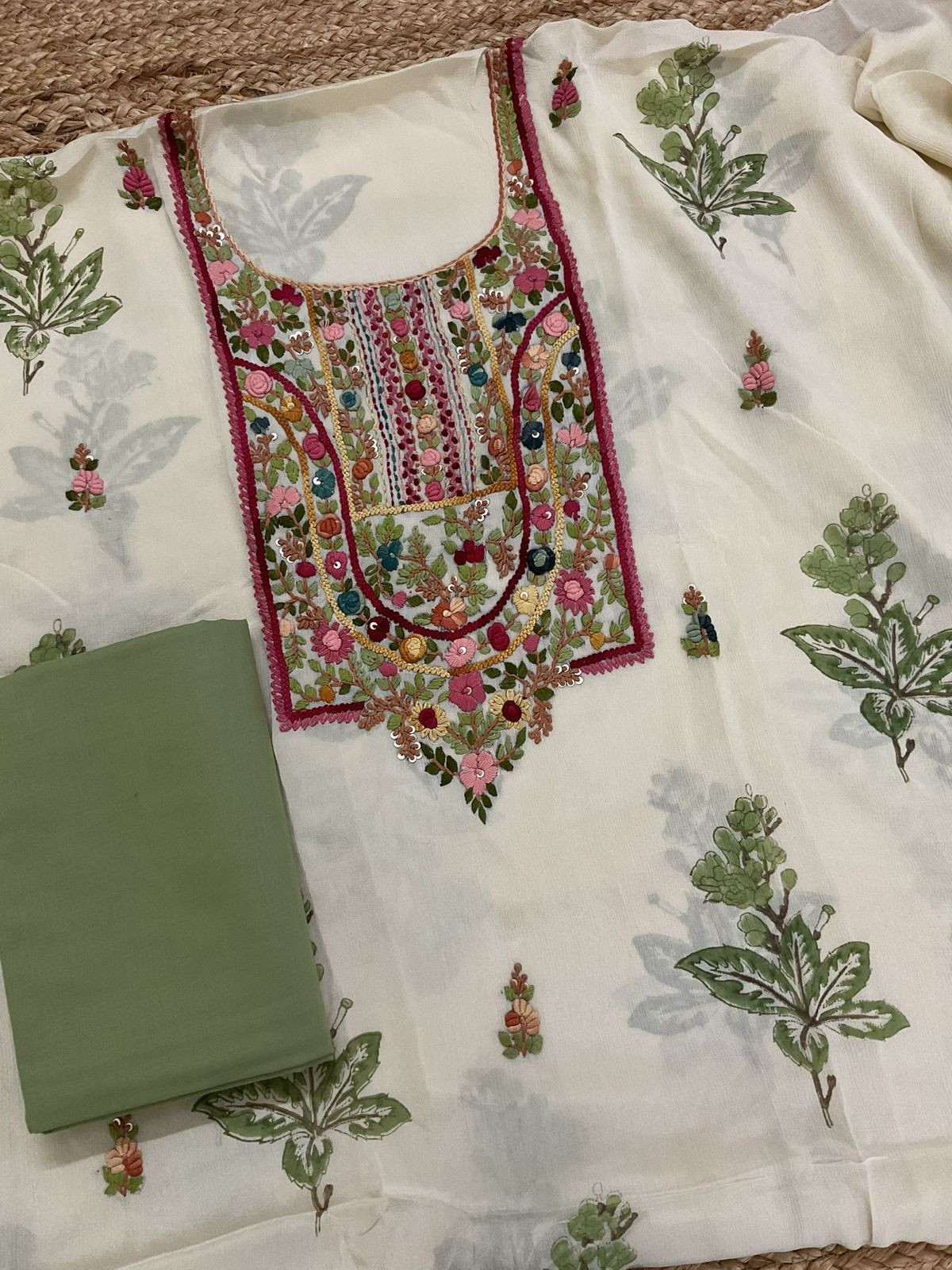 Pure Chinnon Silk Block Printed Embroidered Suit - Cream