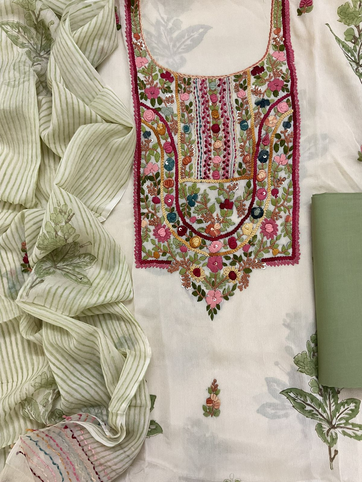 Pure Chinnon Silk Block Printed Embroidered Suit - Cream