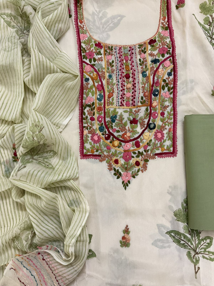 Image of Pure Chinnon Silk Block Printed Embroidered Suit - Cream