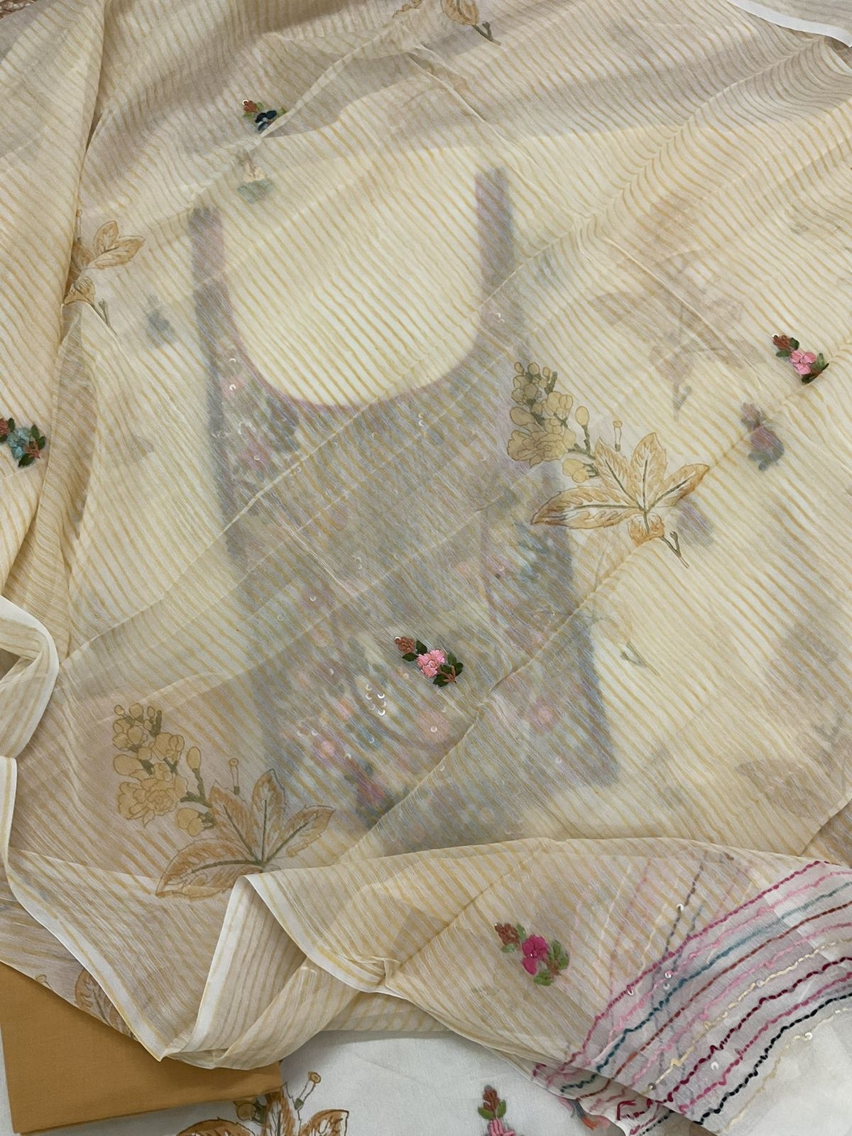 Pure Chinnon Silk Block Printed Embroidered Suit - Cream