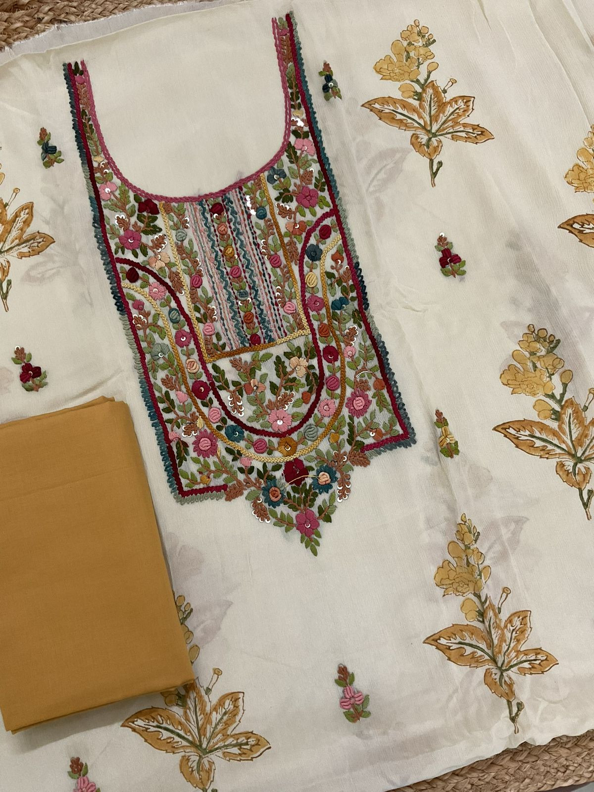 Pure Chinnon Silk Block Printed Embroidered Suit - Cream