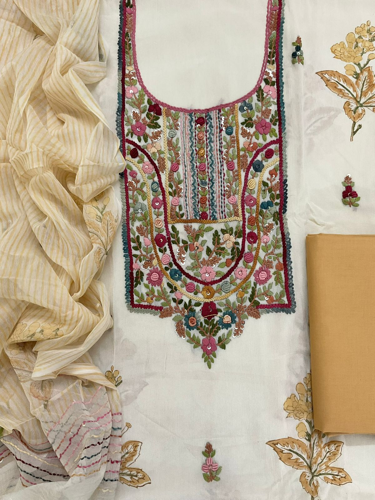 Pure Chinnon Silk Block Printed Embroidered Suit - Cream