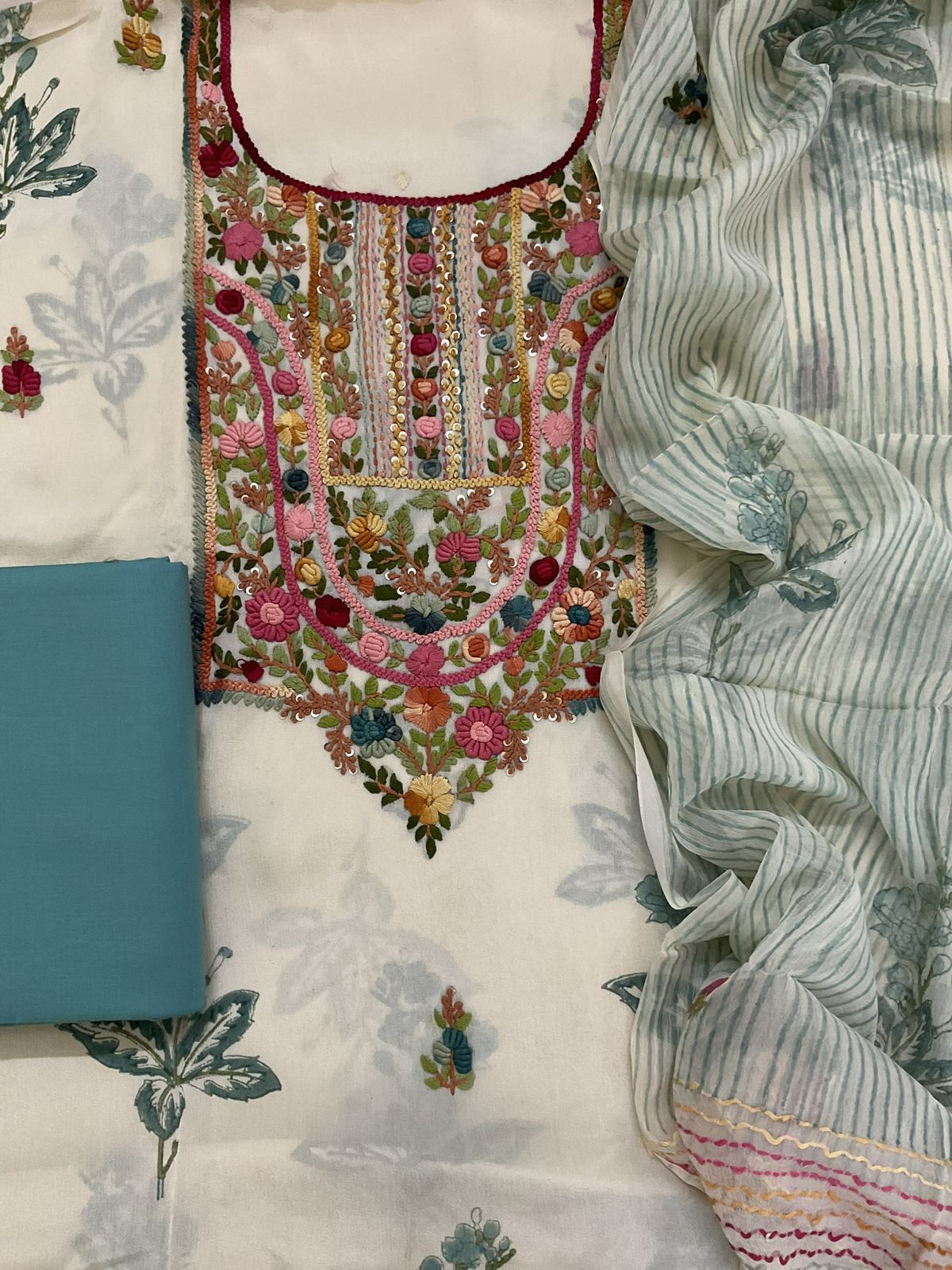 Pure Chinnon Silk Block Printed Embroidered Suit - Cream