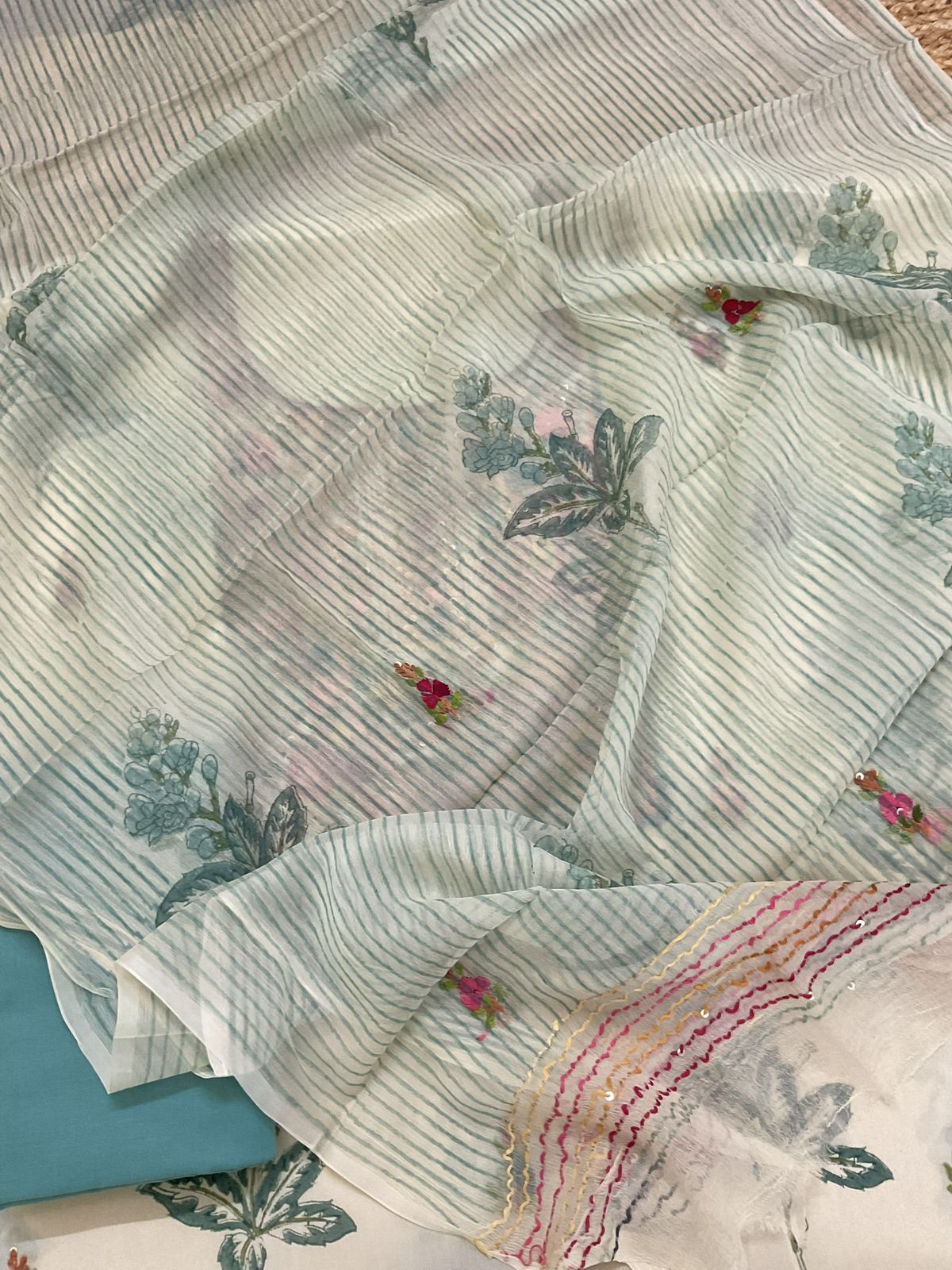 Pure Chinnon Silk Block Printed Embroidered Suit - Cream