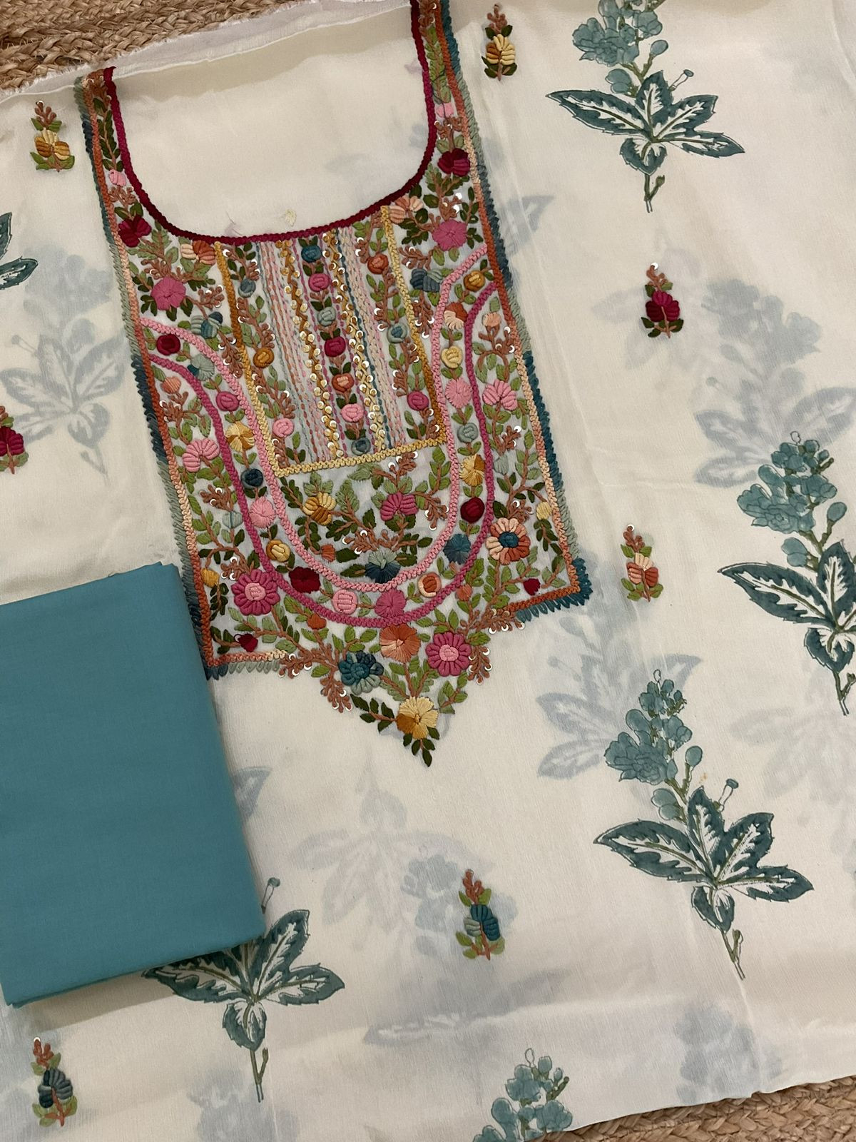 Pure Chinnon Silk Block Printed Embroidered Suit - Cream