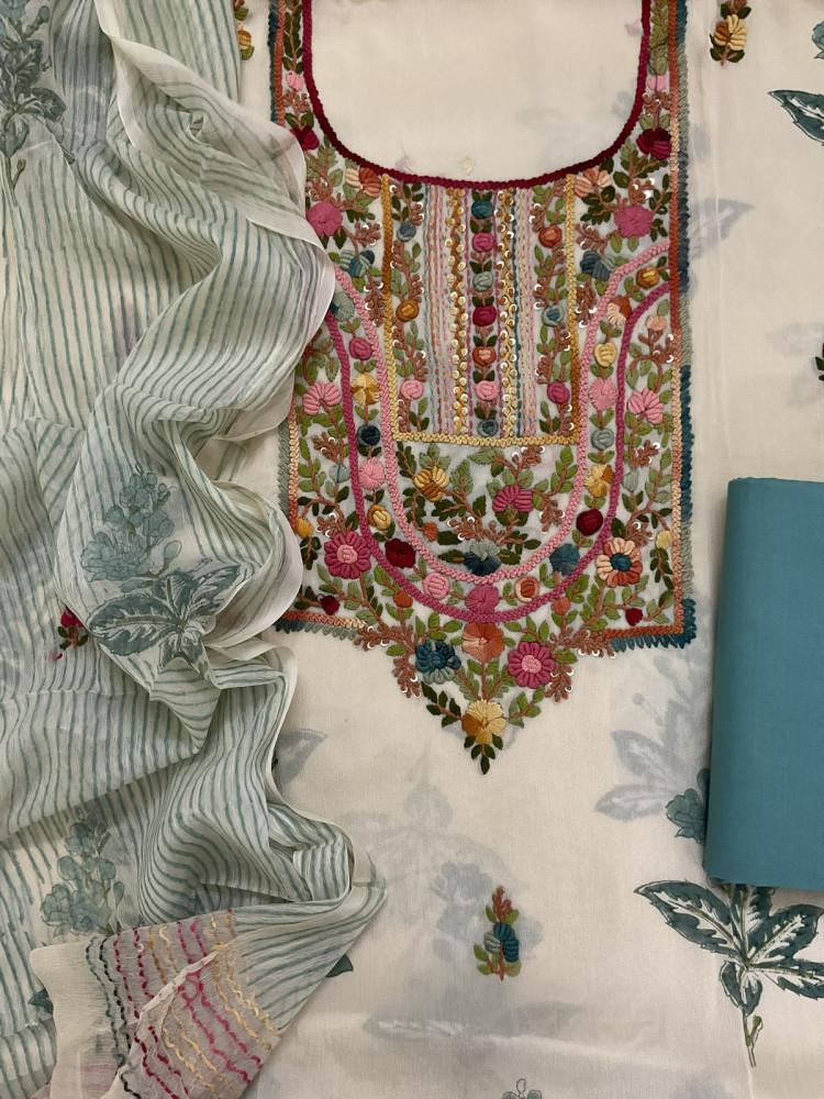 Image of Pure Chinnon Silk Block Printed Embroidered Suit - Cream