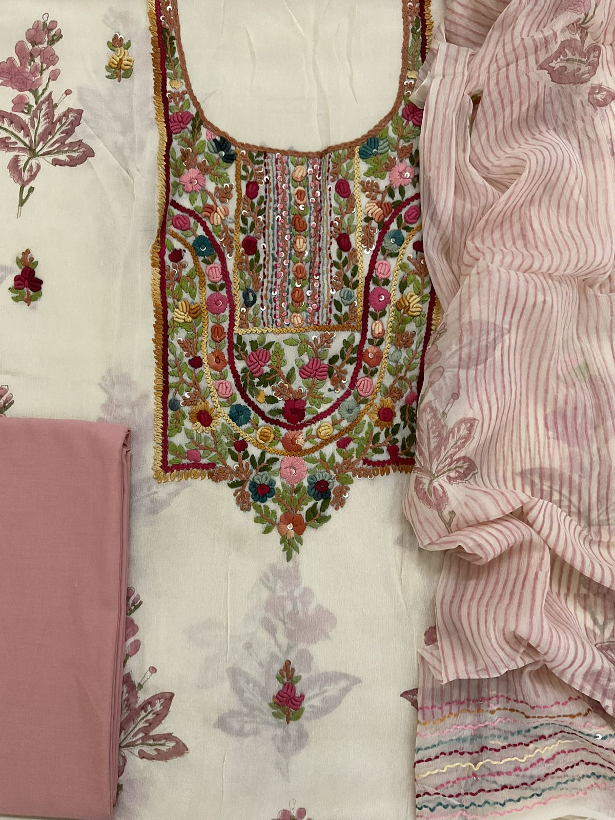 Pure Chinnon Silk Block Printed Embroidered Suit - Cream