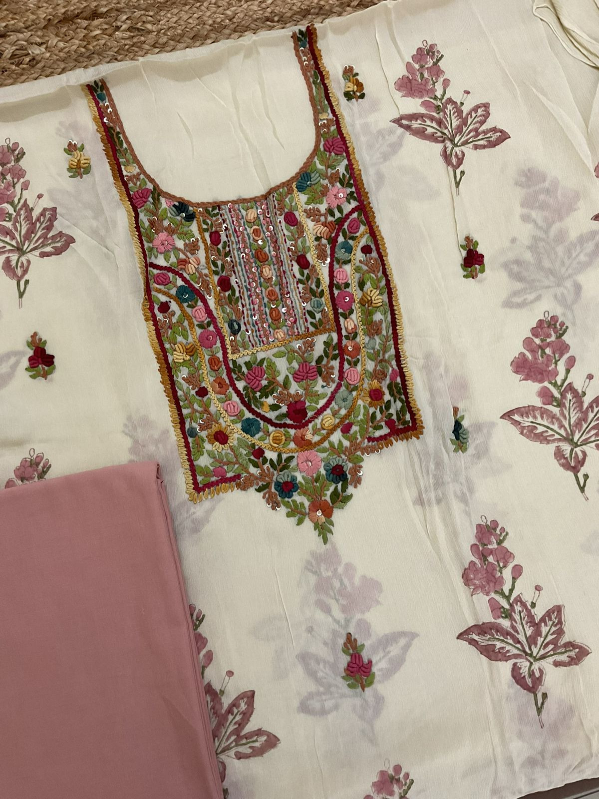 Pure Chinnon Silk Block Printed Embroidered Suit - Cream