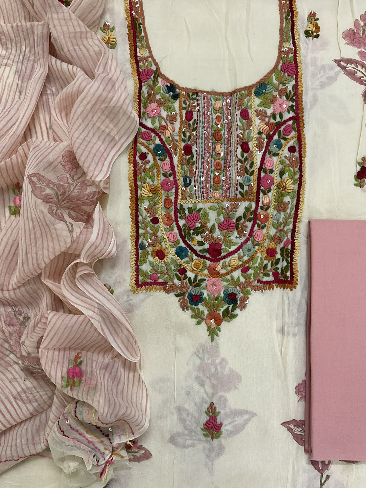 Pure Chinnon Silk Block Printed Embroidered Suit - Cream