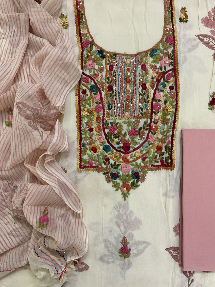 Image of Pure Chinnon Silk Block Printed Embroidered Suit - Cream